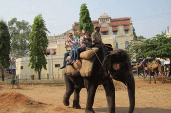 people riding an elephant at Mysore Palace in India