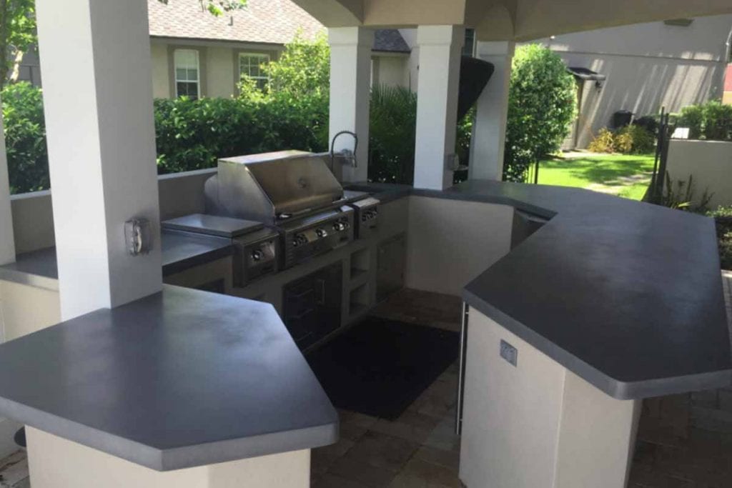 gray concrete countertops in outdoor kitchen by Price Concrete Studio
