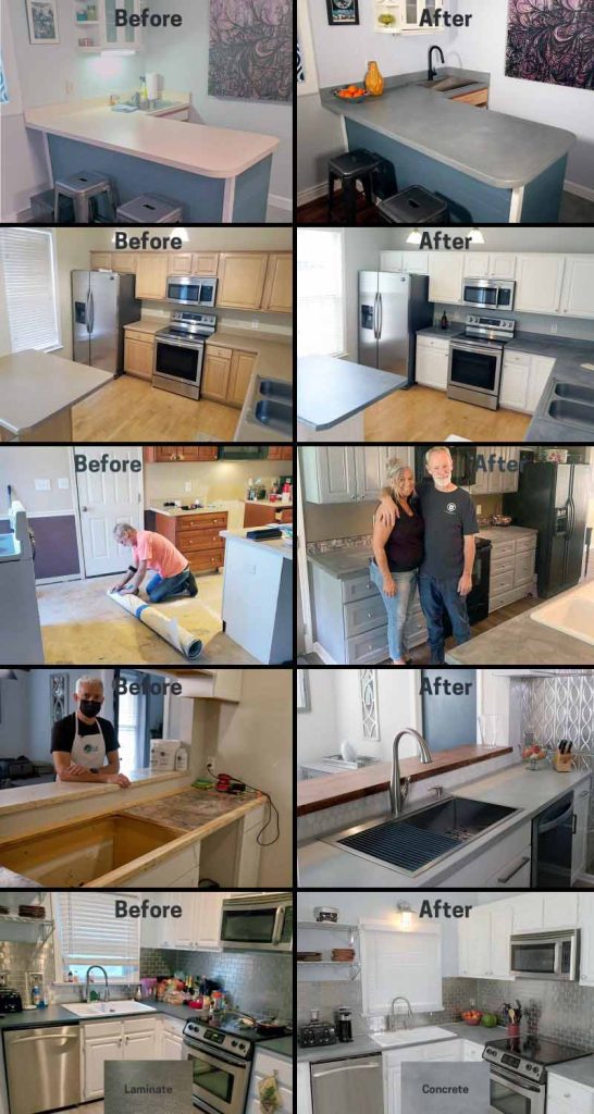 before and after photos of diy concrete countertops with finale