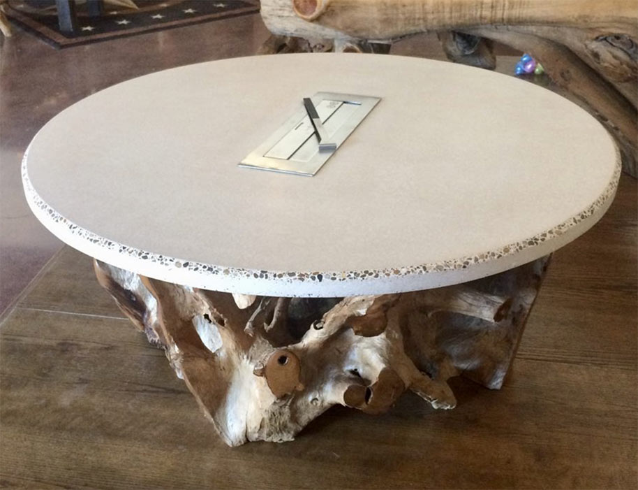 round coffee concrete table with driftwood base