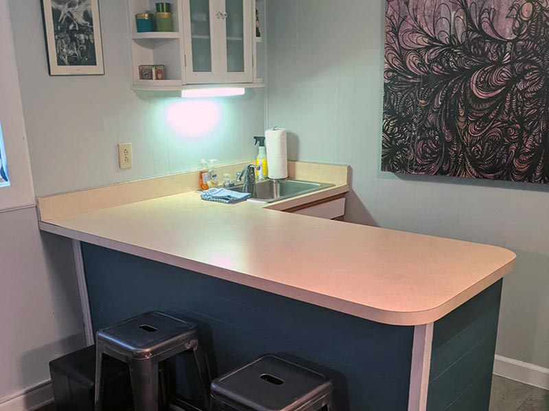 kitchen with laminate countertop before Finale concrete countertop paint Elizabeth