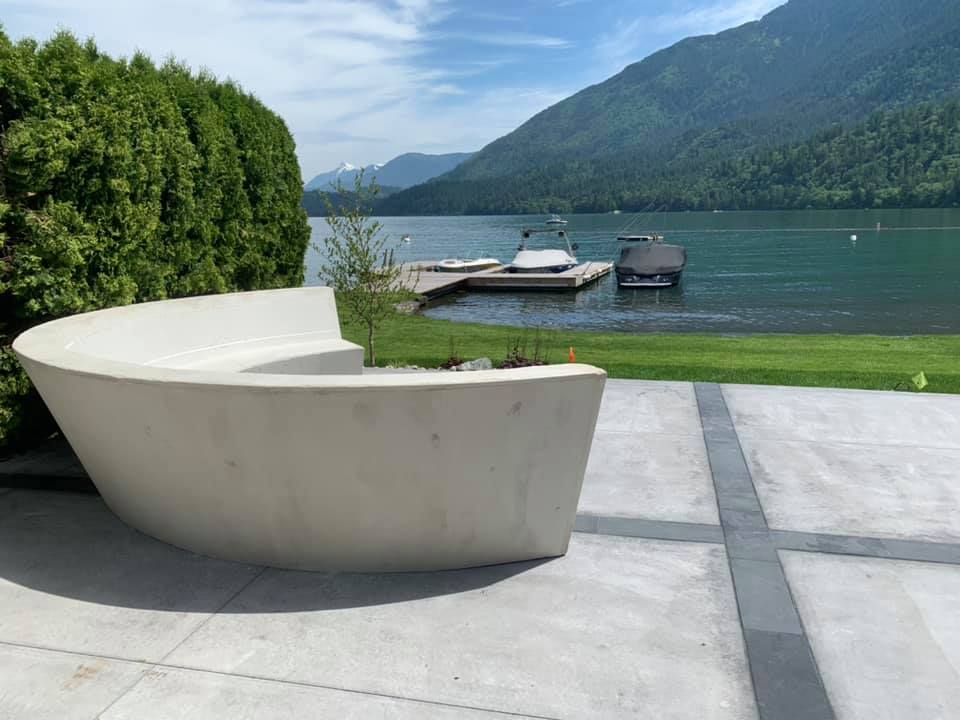 curved concrete bench mountains lake by Diamond Finish Concrete Countertops BC