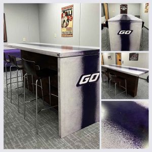 custom concrete bartop white purple logo by Jeff Mahan in Ohio