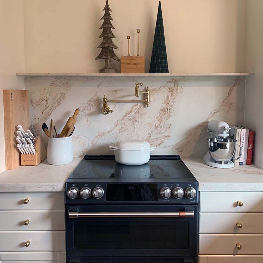 marbled look concrete brown cream kitchen countertop backsplash