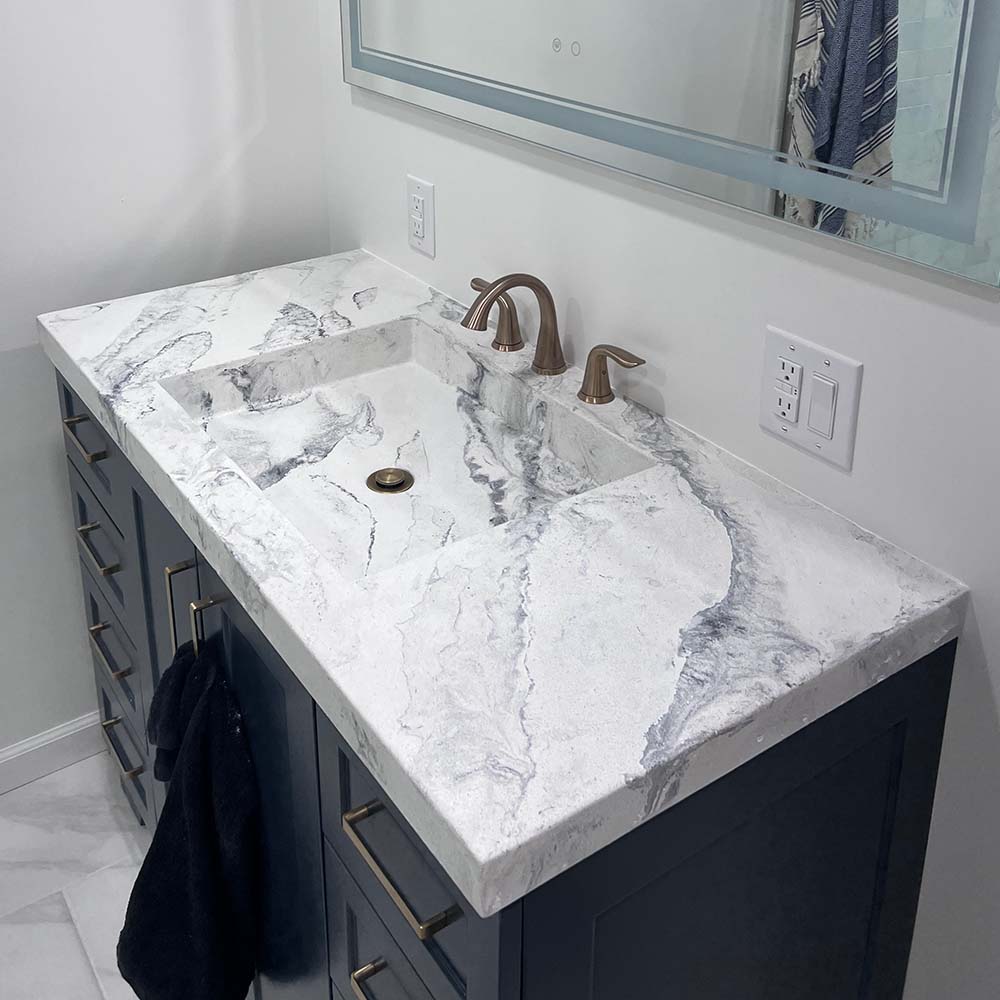 marbled look concrete gray white bathroom vanity