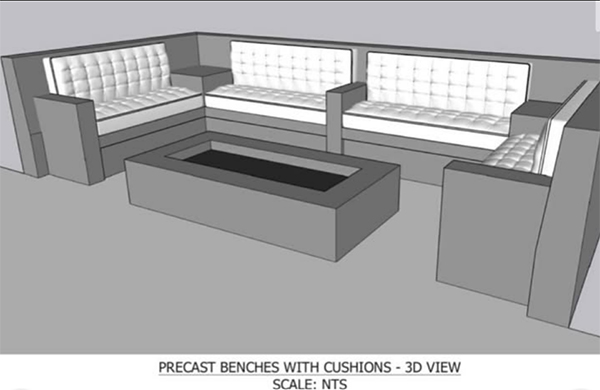 3D rendering of a U-shaped precast concrete sofa with tufted cushions around a low table