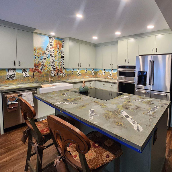 concrete backsplash art kitchen forest