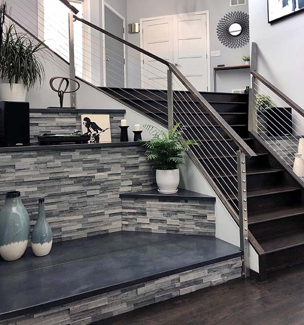 concrete shelves gray tiled staircase